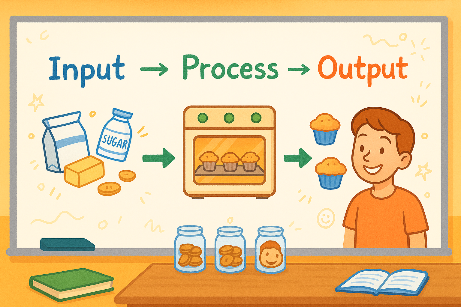 A simple 3-step diagram labeled Input, Process, Output with icons showing ingredients, oven, muffins, and a happy customer. Classroom whiteboard style with arrows and doodles.