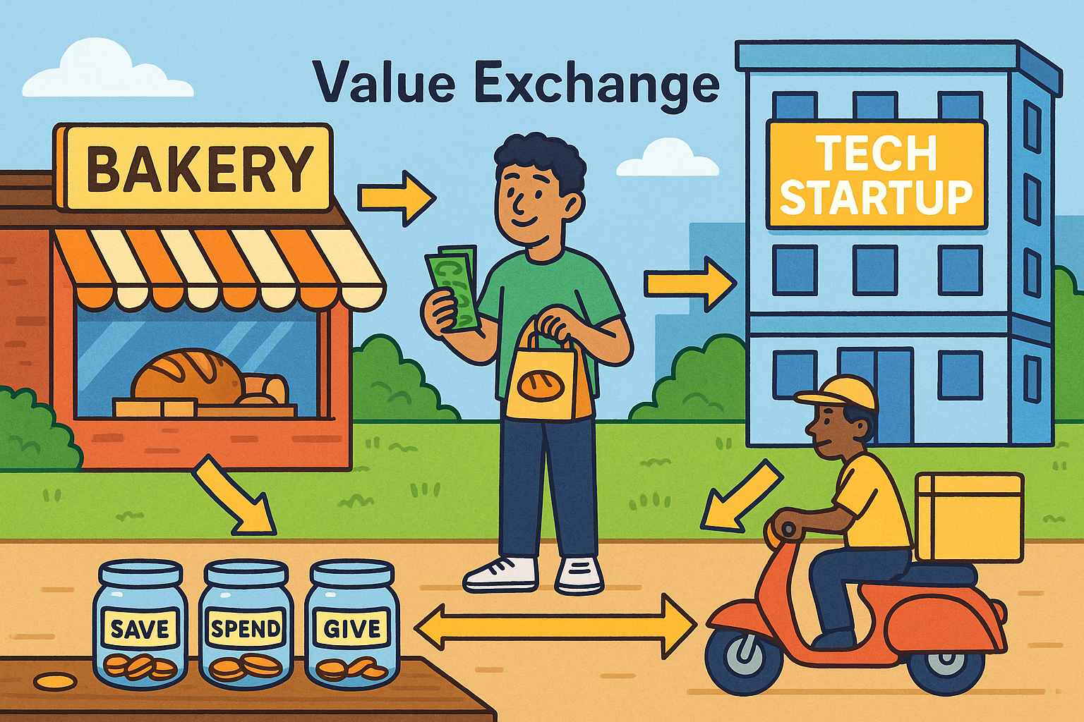 Illustration of a small city showing a bakery, a tech startup, a delivery driver, and a customer connected by arrows representing value exchange.