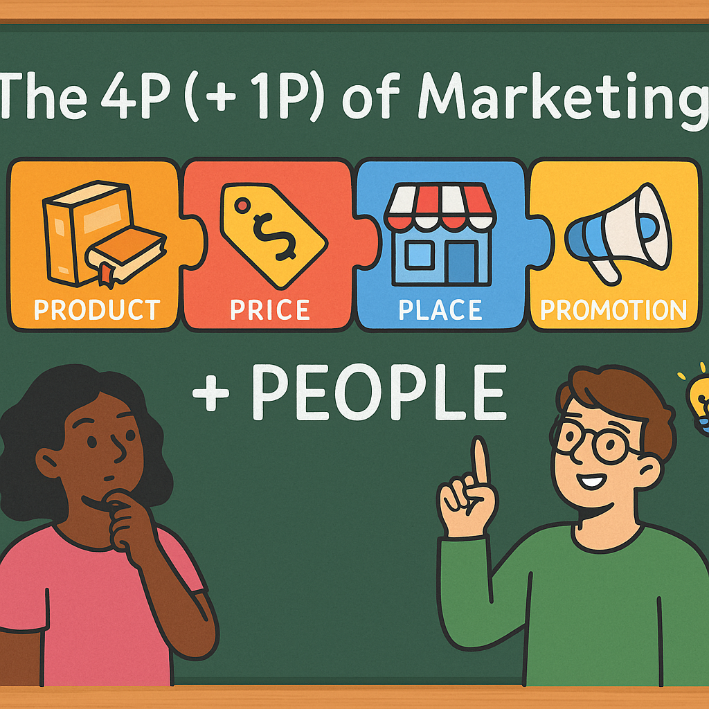 Classroom chalkboard divided into four sections labeled Product, Price, Place, Promotion with colorful sticky notes and examples.