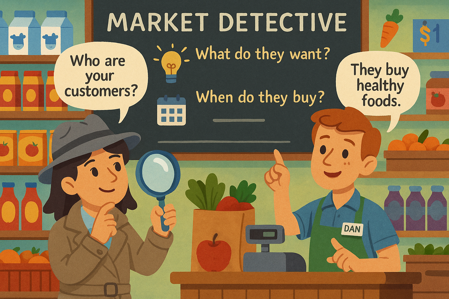 Classroom board covered with product cards, arrows, and photos labeled Product, Price, Place, Promotion — students analyzing brands.