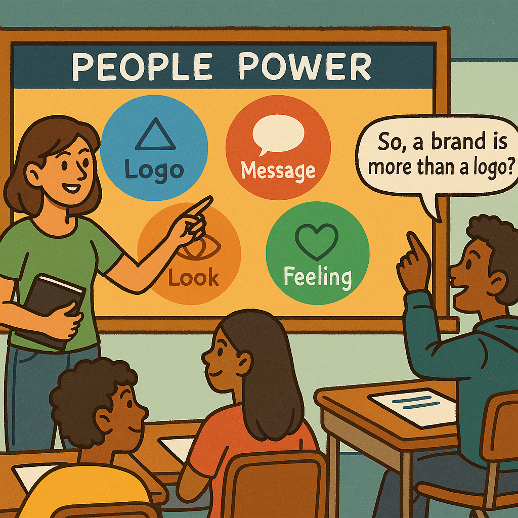 Students brainstorming ideas on a board labeled 'People = Community' surrounded by hearts, arrows, and speech bubbles.