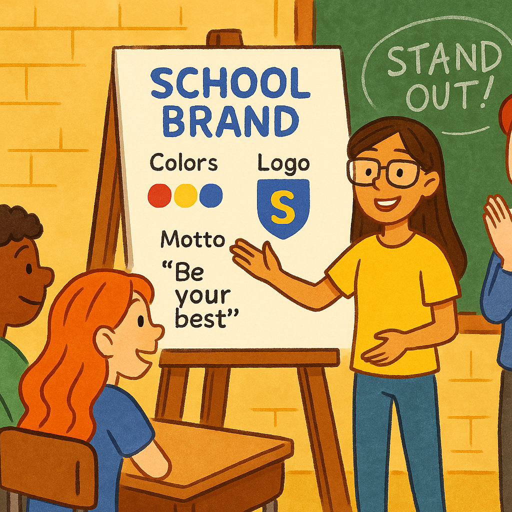 Students presenting a colorful school brand poster with 5P written around it: Product, Price, Place, Promotion, People.