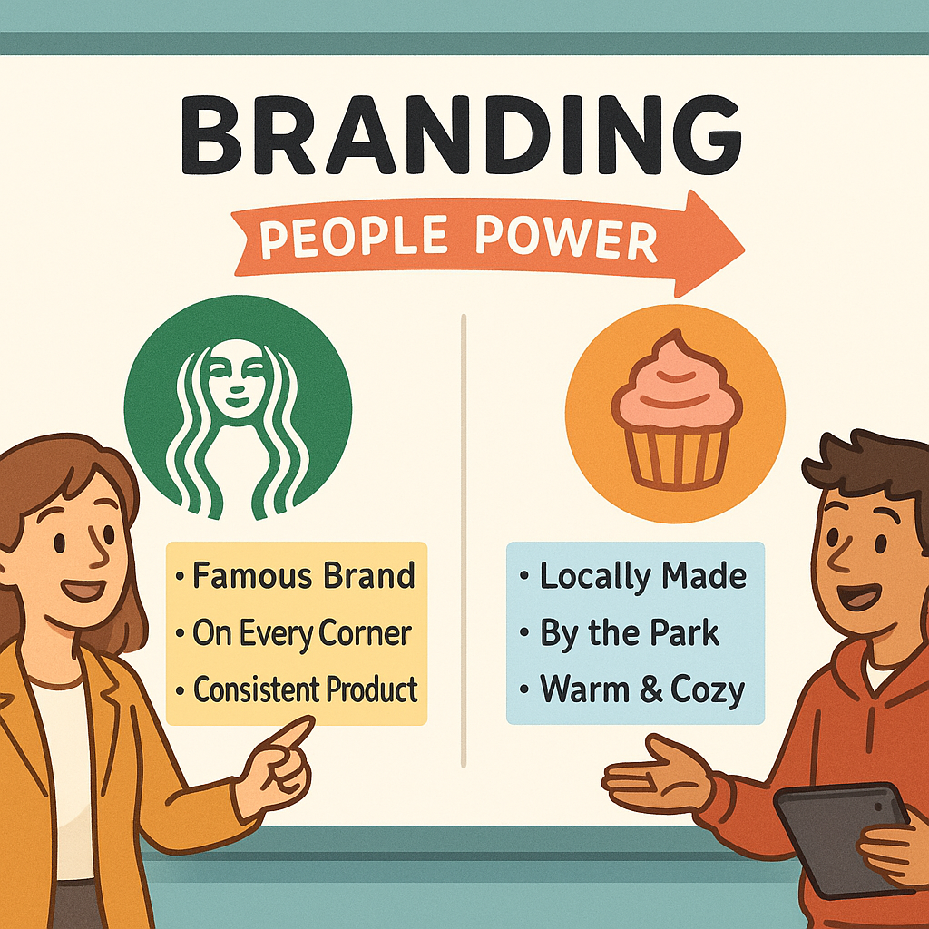 Split-screen comparison of Starbucks and a cozy local bakery showing differences in product, place, and promotion.