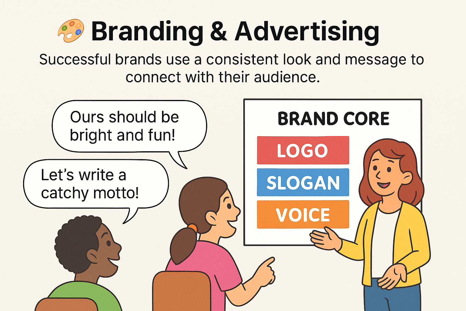 A colorful classroom board with the phrase 'Brand = Emotion + Story + Design' surrounded by doodles and students discussing it.