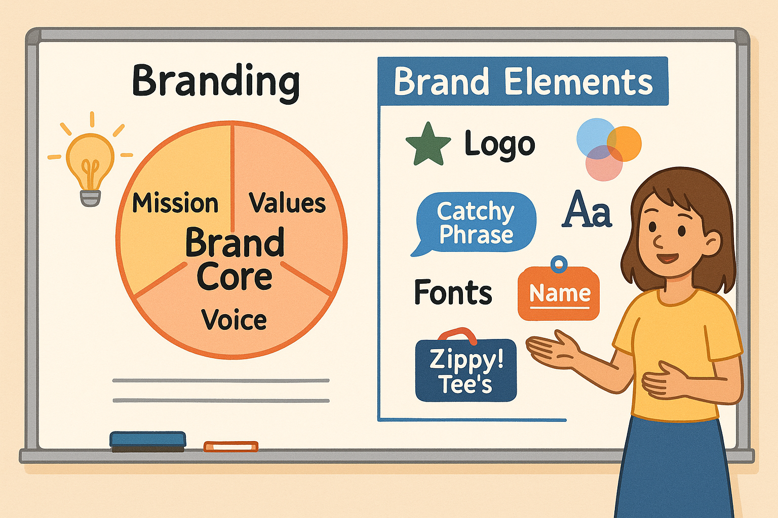 Cards on a desk labeled with brand elements: color, logo, slogan, voice, and story, surrounded by students brainstorming ideas.