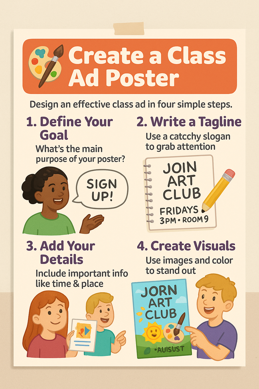 Students in a classroom designing a colorful advertising poster with slogans and brand colors.