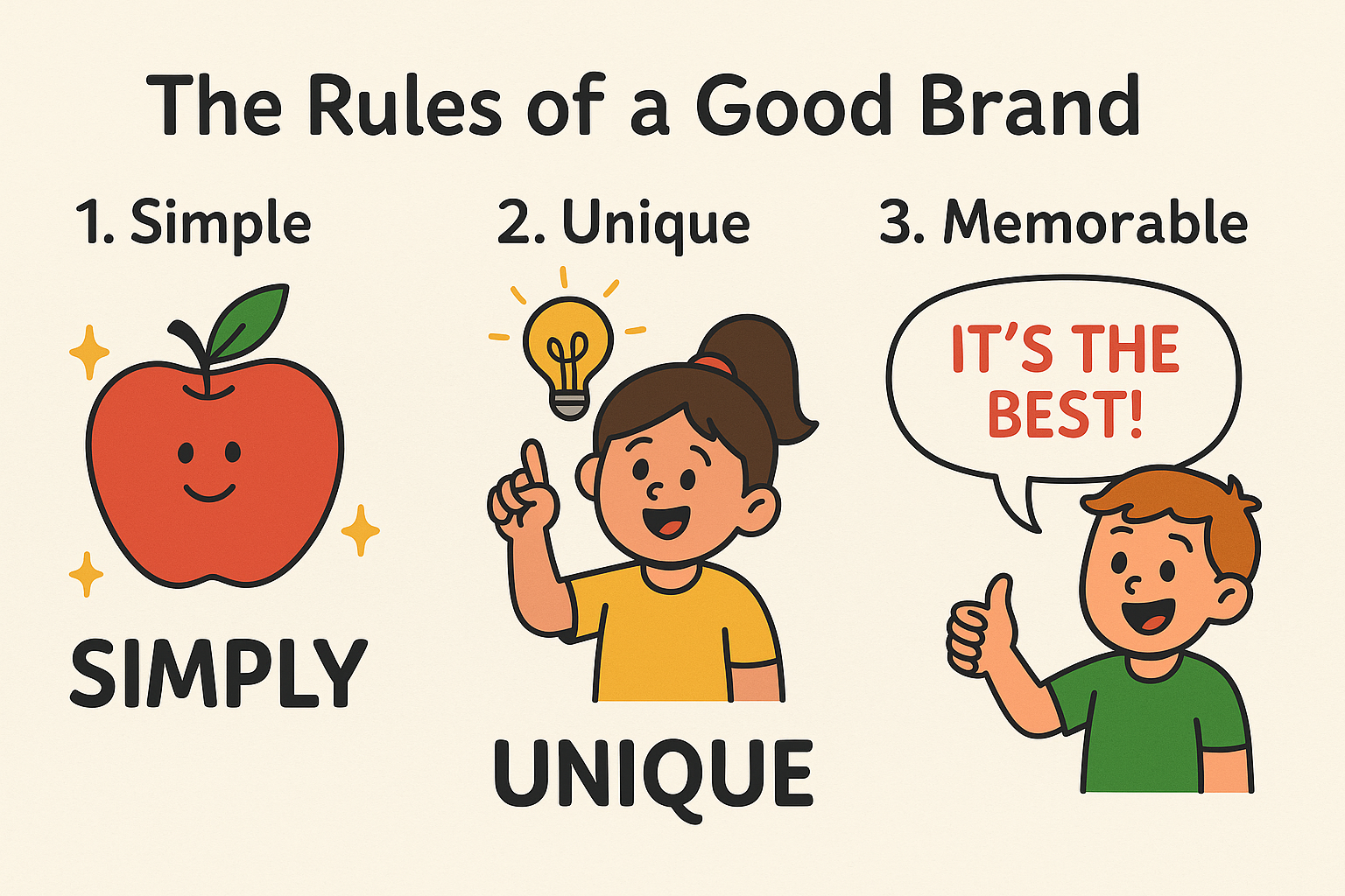 An educational poster showing 5 rules of branding with icons for simplicity, meaning, emotion, consistency, and honesty.
