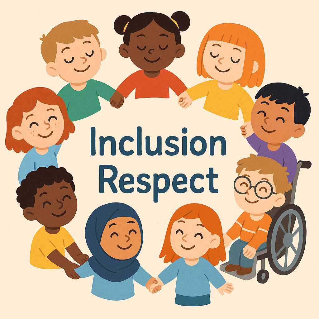 A colorful circle of diverse cartoon students holding hands, representing inclusion and respect.