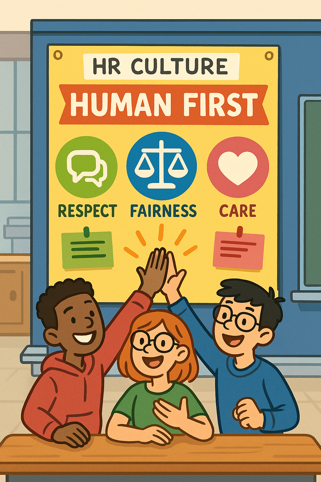 A colorful poster in a classroom titled 'Human First' showing values like Respect, Fairness, and Care with students high-fiving.