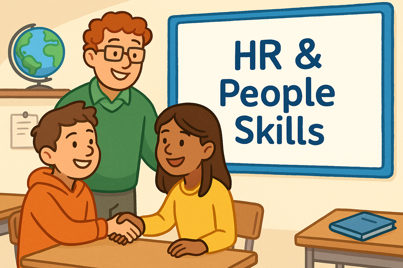 A classroom scene showing two students resolving a disagreement with the help of a teacher, smiling as they shake hands.