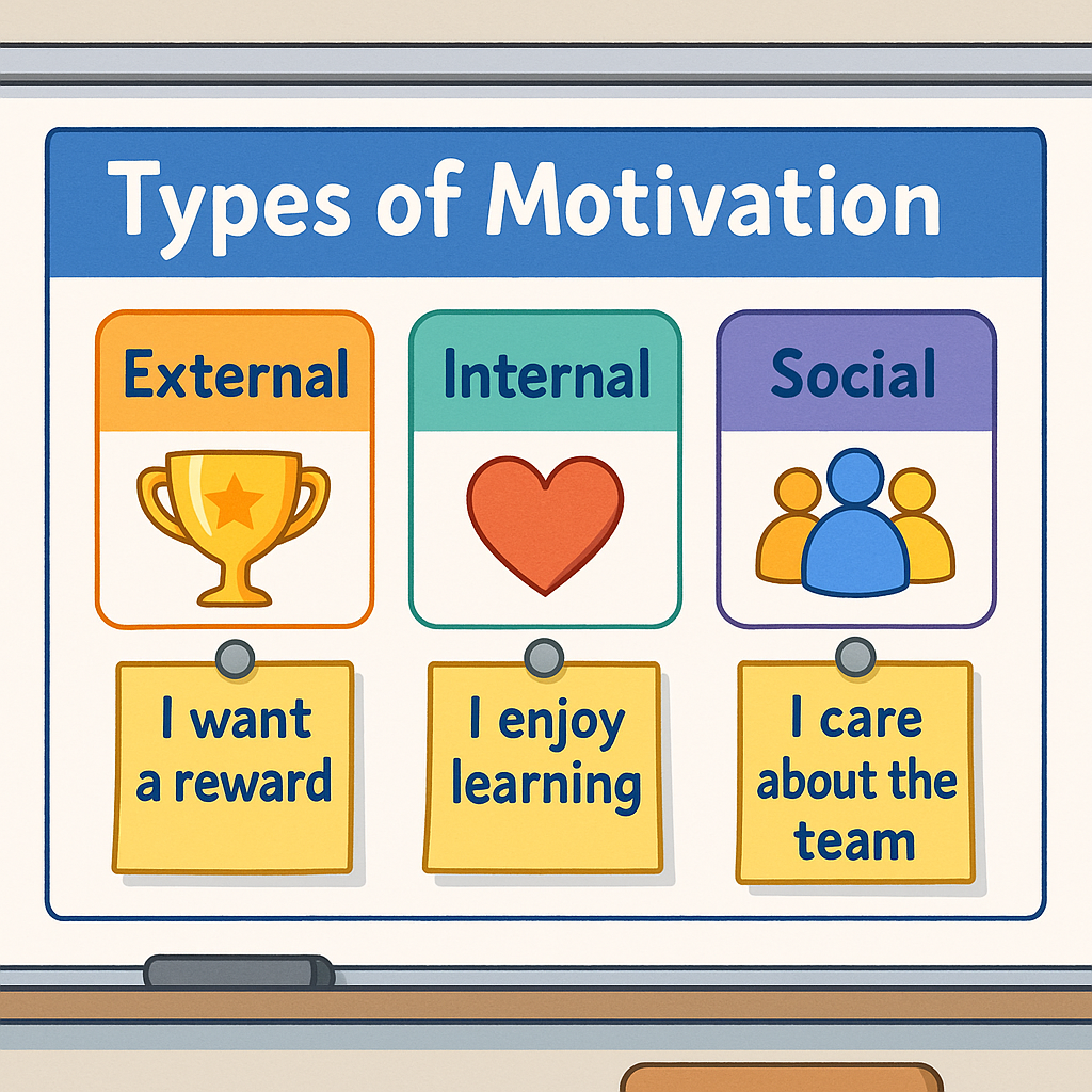 A colorful classroom chart showing three motivation types: external, internal, and social, with examples on sticky notes.