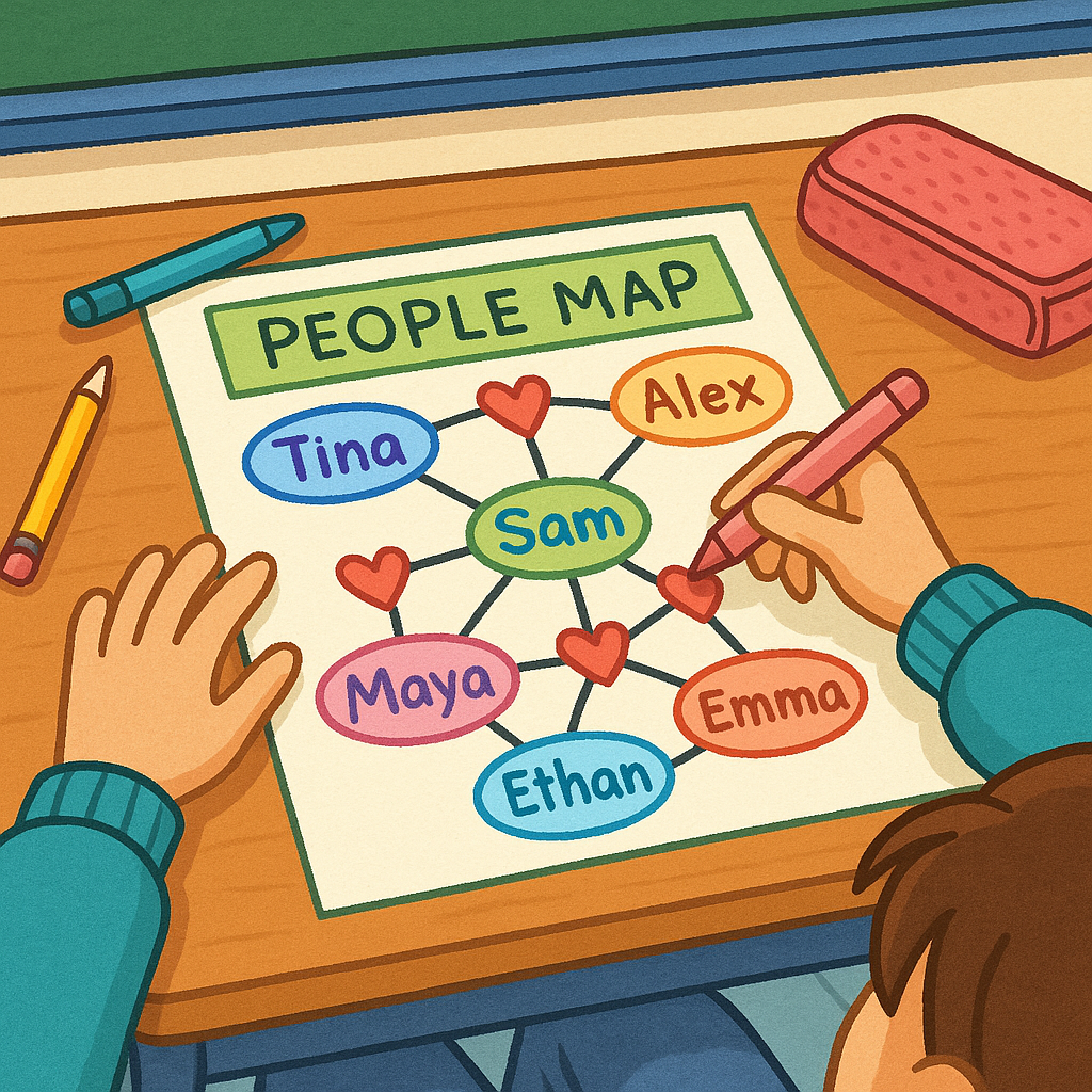 A colorful classroom desk where a student draws a People Map with names of classmates connected by lines and hearts.
