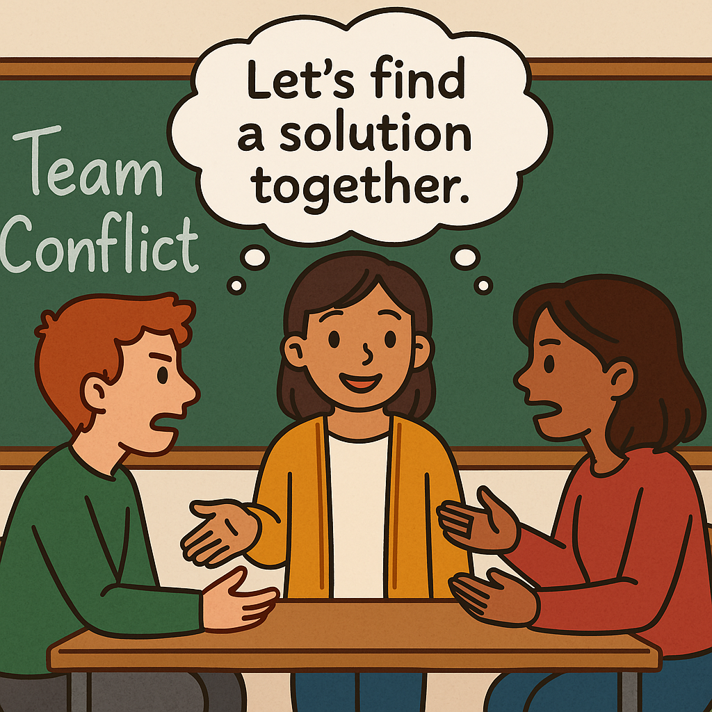 A classroom discussion where two students debate while another mediates; a thought bubble above says 'Let's find a solution together.'
