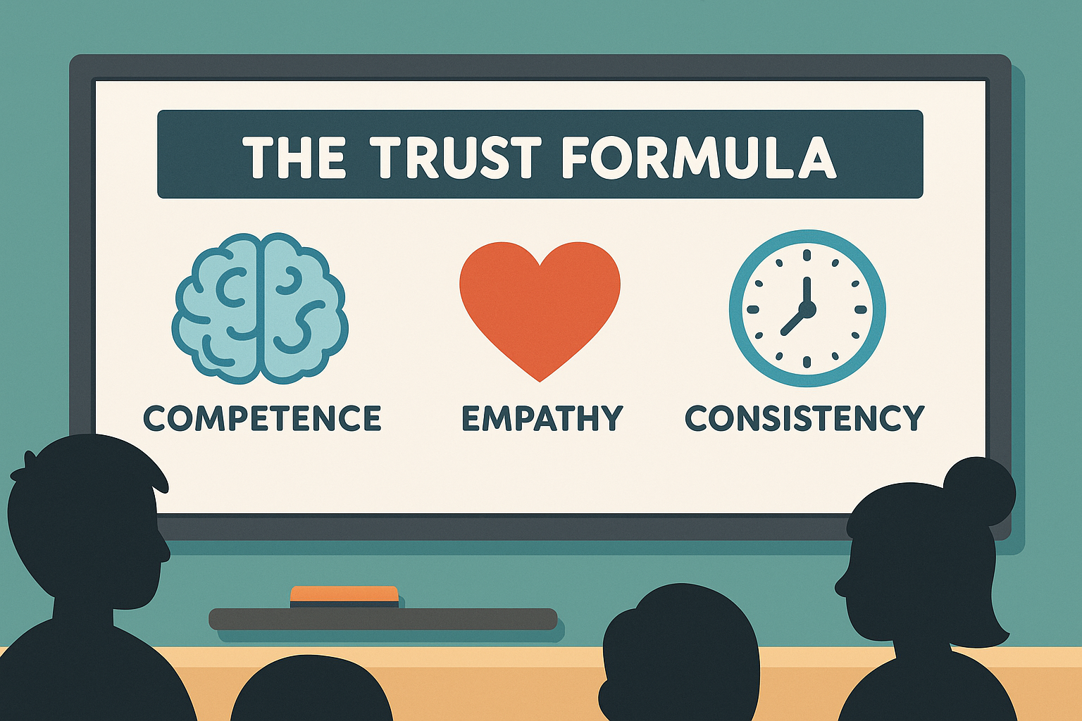 A digital classroom board showing icons of a brain, heart, and clock labeled Competence, Empathy, and Consistency as parts of the Trust Formula.