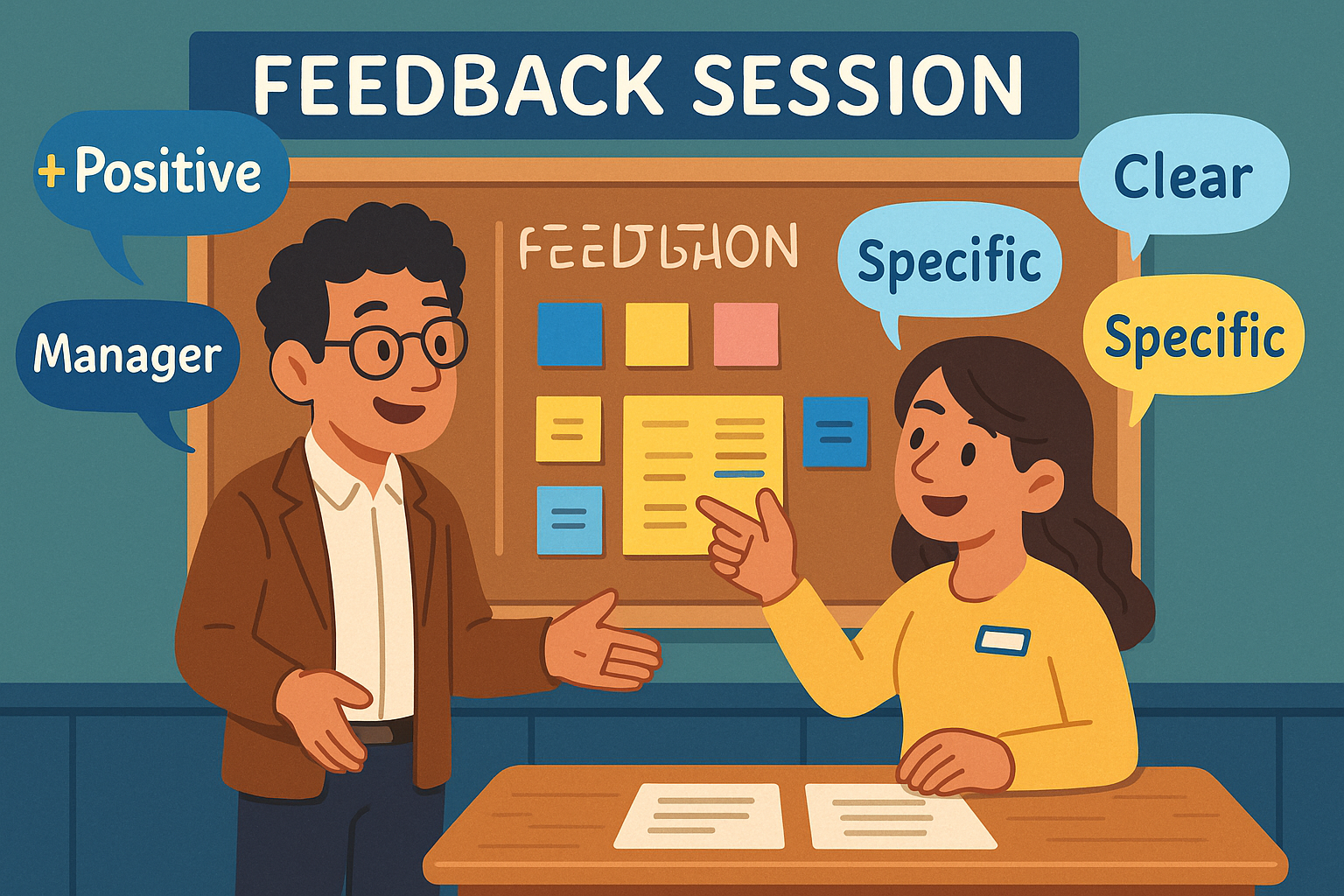 A manager and teammate review a board together; speech bubbles show positive, clear, and specific feedback.