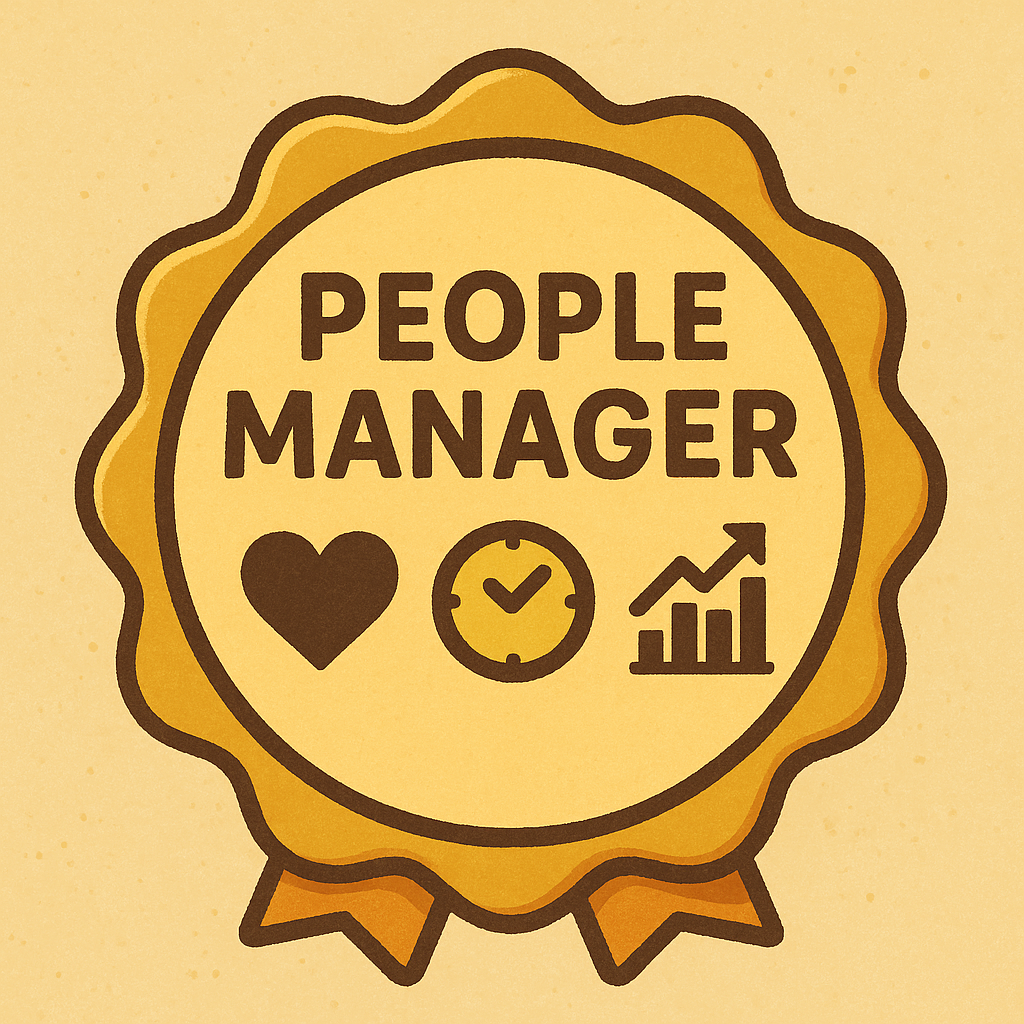 A golden badge labeled People Manager with icons of a heart, clock, and chart.