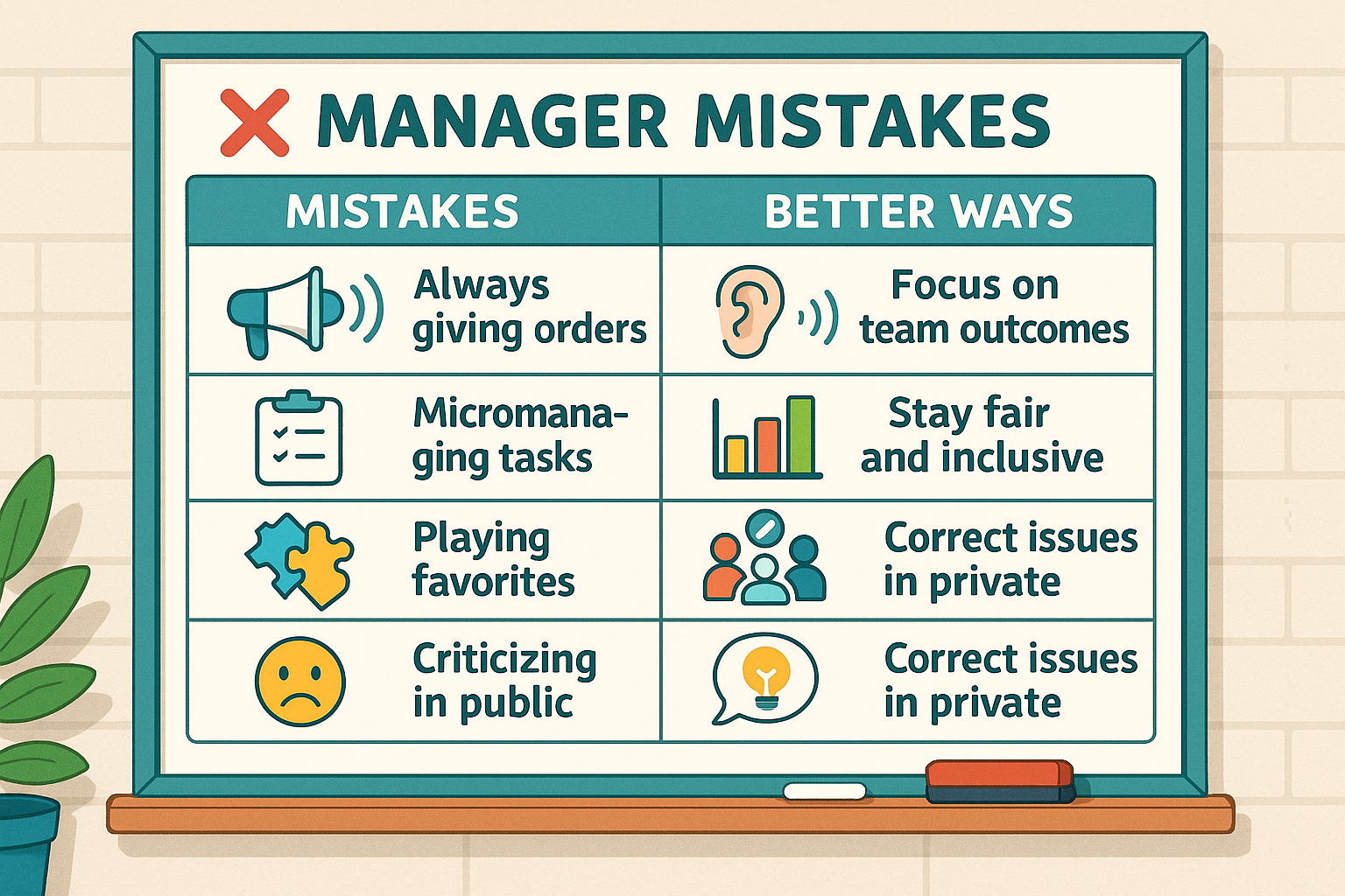 An infographic-style classroom poster listing common manager mistakes and better alternatives.