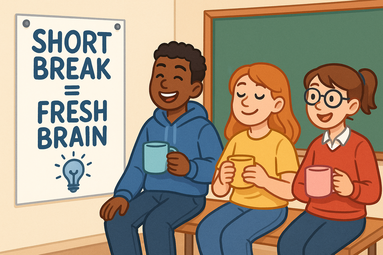 Students relax together with tea near a board that says Short Break = Fresh Brain.