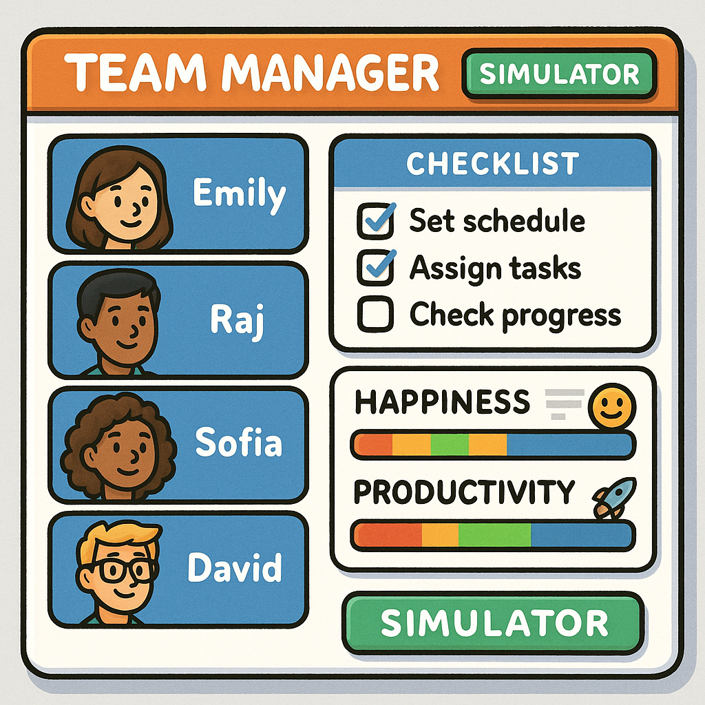 A simulator dashboard with team members, a checklist, and bars for Happiness and Productivity.