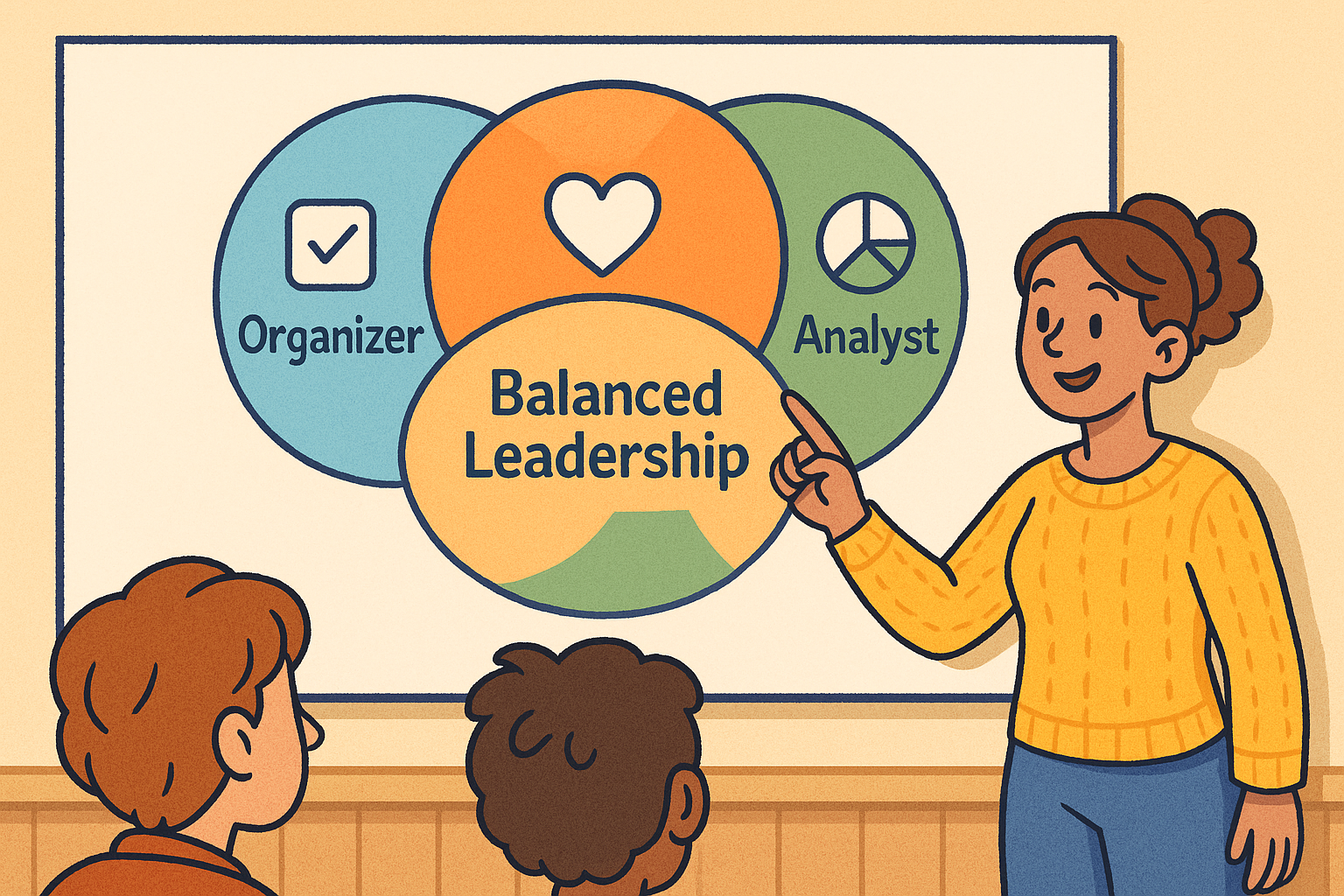 A poster showing three circles: Organizer, Motivator, Analyst with overlap labeled Balanced Leadership.