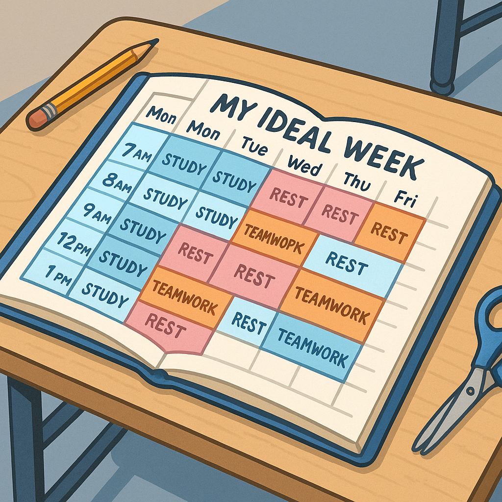 A planner on a school desk showing a colorful schedule titled My Ideal Week with time blocks for study, teamwork, and rest.