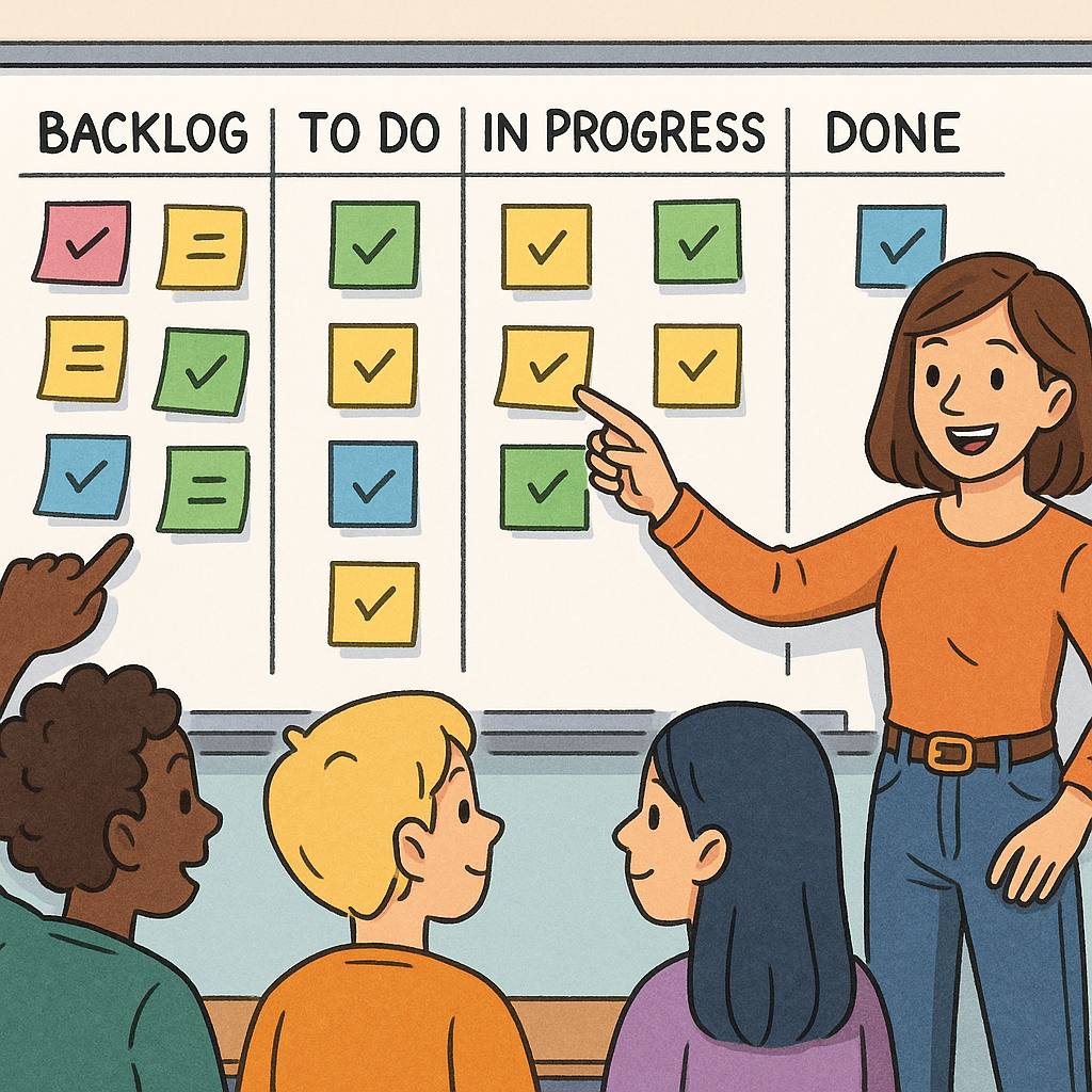 A Kanban-style classroom board divided into To Do, In Progress, and Done columns with colorful sticky notes.