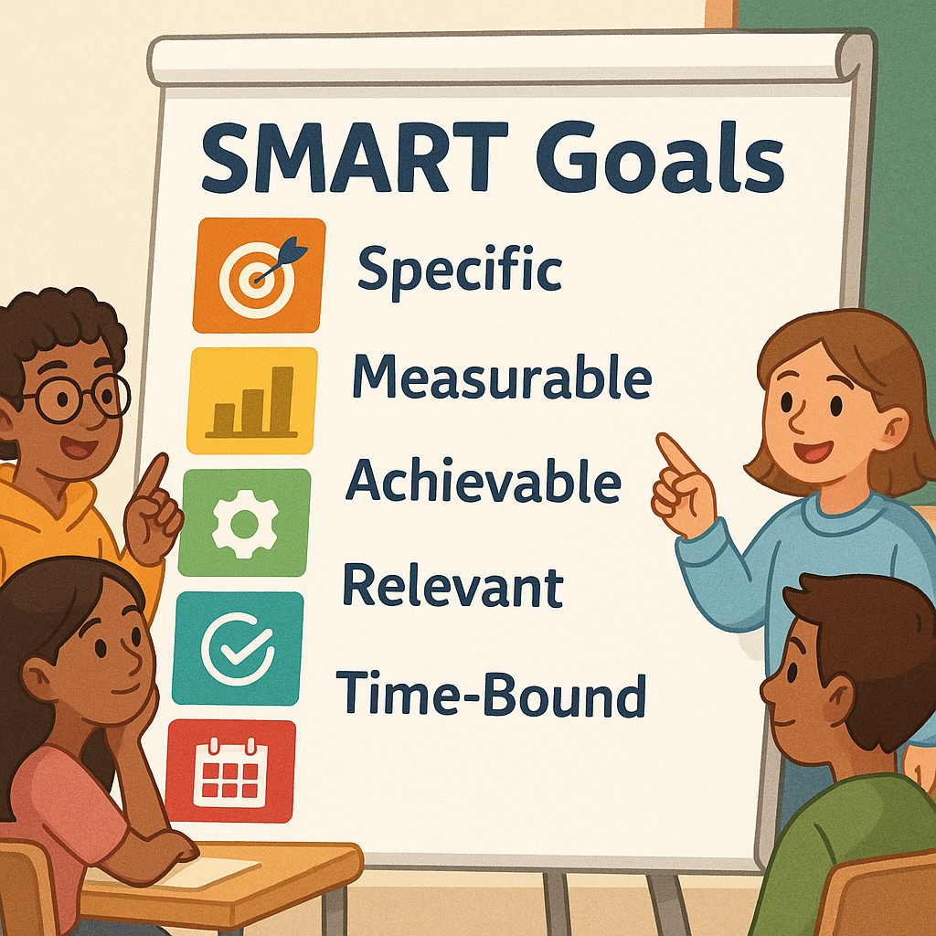 Classroom board showing the SMART acronym with examples written on sticky notes by students.