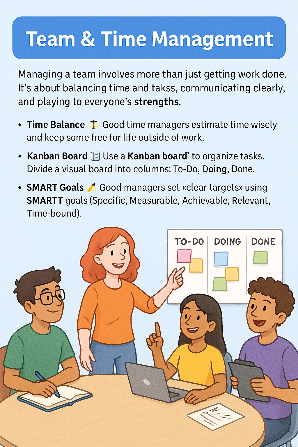 A colorful educational poster on the wall showing team roles: Leader, Organizer, Creator, Motivator, Checker, with icons of students in action.