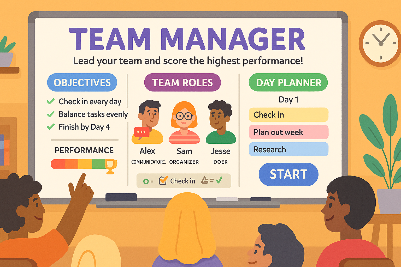 A game-like classroom scene showing students organizing a school exhibition with a checklist and progress bar on screen.