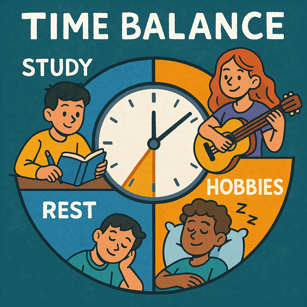 A calm classroom with students stretching and smiling, a clock showing break time, and sunlight coming through the window.