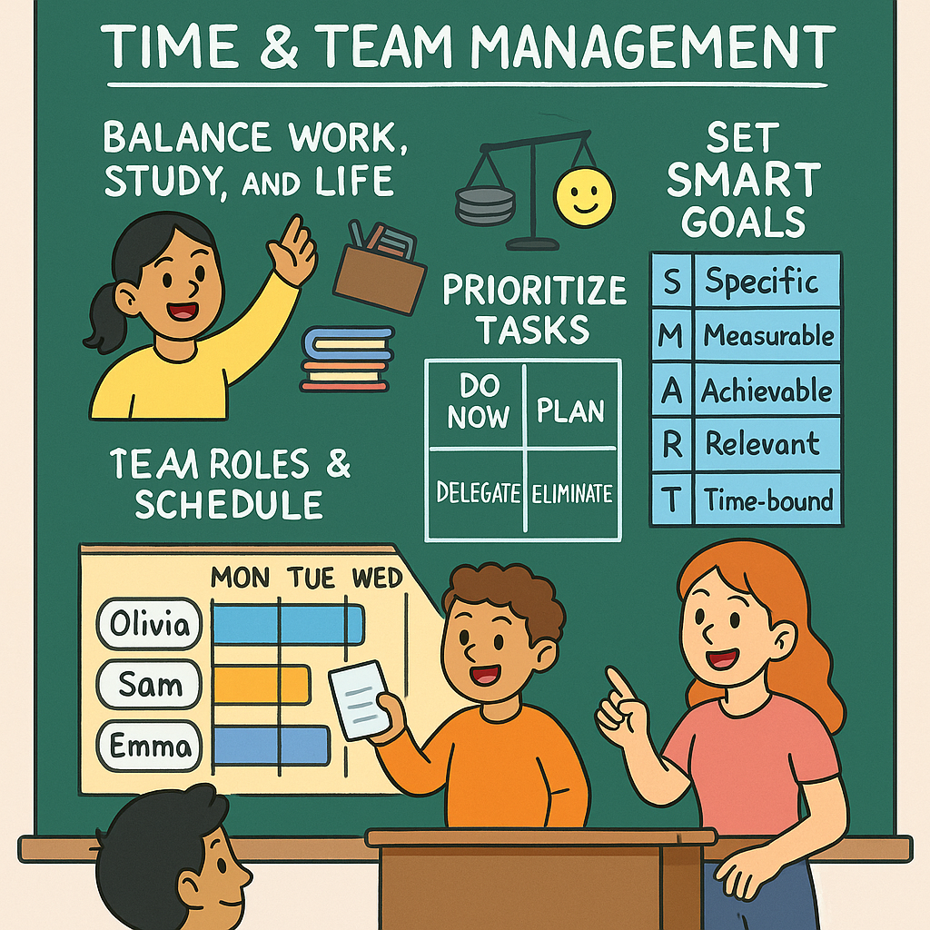 Students in a classroom standing near a giant clock, arranging sticky notes labeled Priority, Break, Deadline.